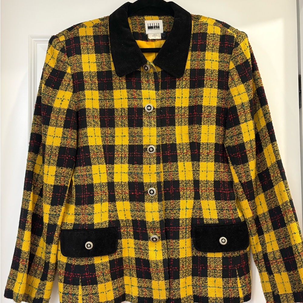 Vintage Leslie Fay 90s Clueless Aesthetic Yellow Plaid Tweed Jacket (Size 14)